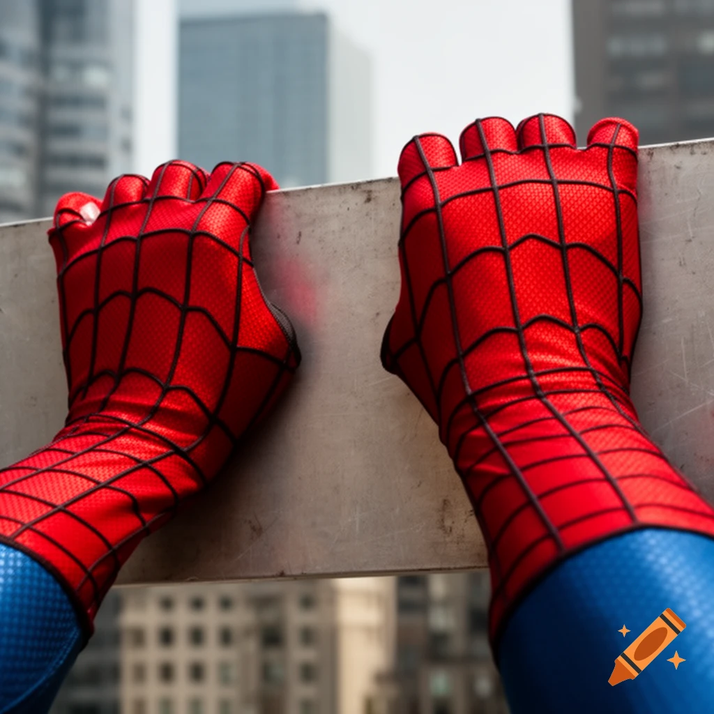Close-up of Spider-Man's red gloved hands gripping a metal bar high above a city, photorealistic style.