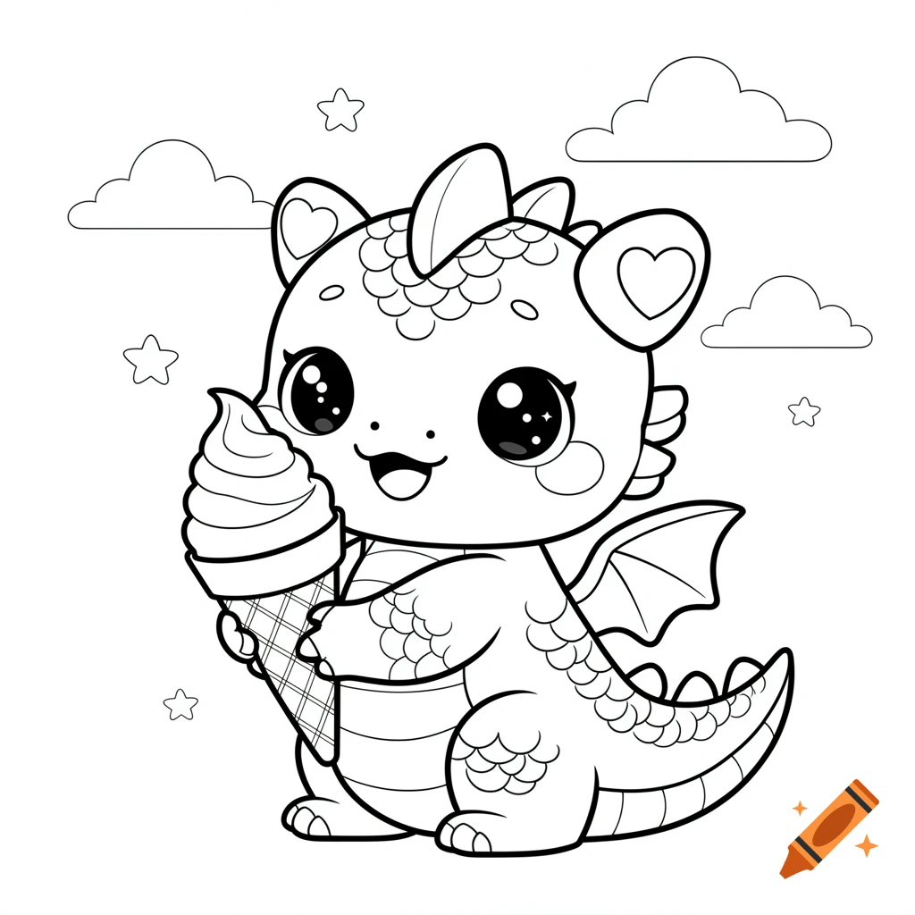 Black and white coloring page of a cute kawaii baby dragon holding an ice cream cone with clouds and stars in the background.