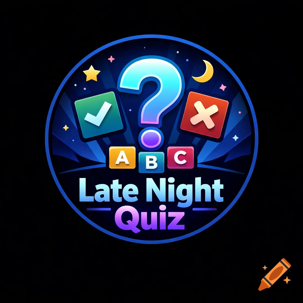 Vibrant blue and purple Late Night Quiz logo with a large question mark, checkmark, cross, and ABC blocks under a starry night sky.