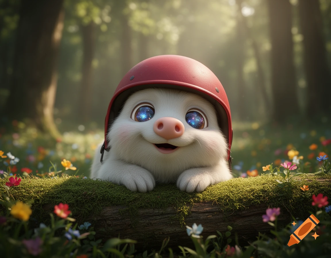A fluffy, white, pig-like creature with large, starry eyes and a red helmet smiles from behind a mossy log in a sunny forest with wildflowers.