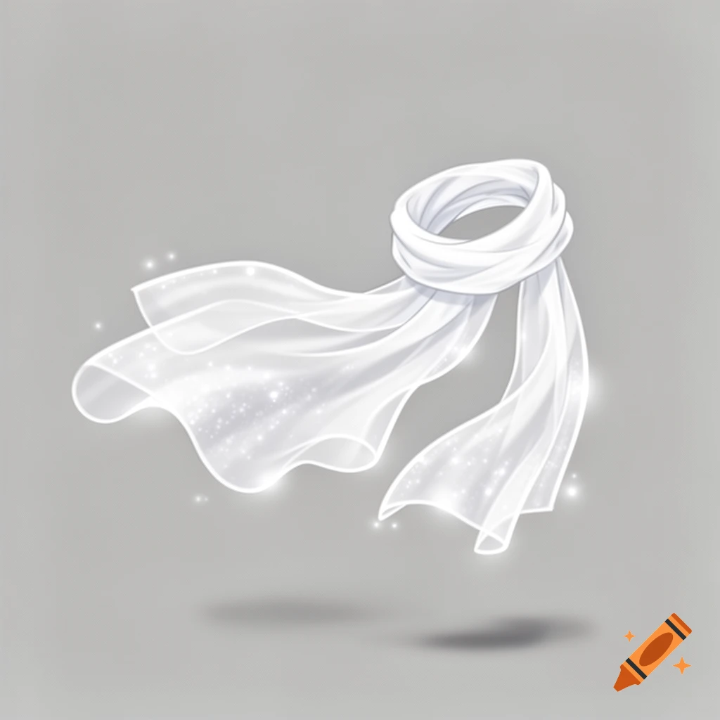 A white, translucent scarf with shimmering sparkles, tied at the neck, in a cartoon style on a gray background.