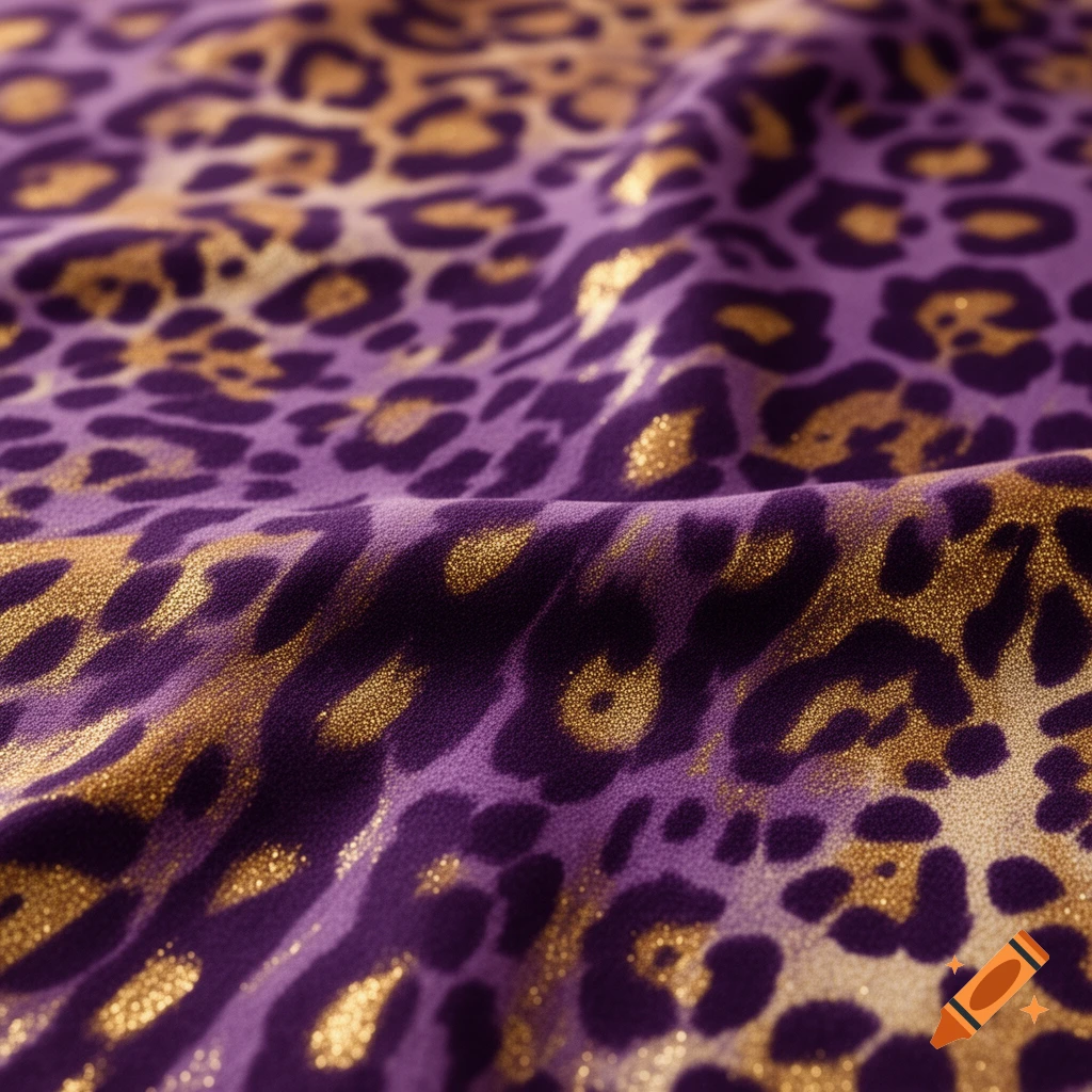 Close-up of a rich purple fabric with shimmering gold jaguar print, showing textured folds.
