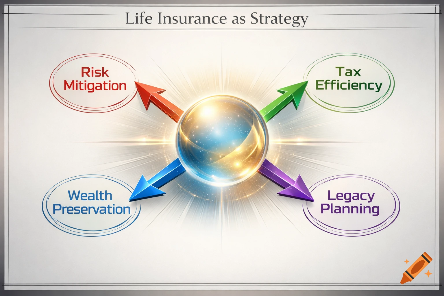 A financial diagram titled 'Life Insurance as Strategy' showing four concepts: Risk Mitigation, Tax Efficiency, Wealth Preservation, Legacy Planning.