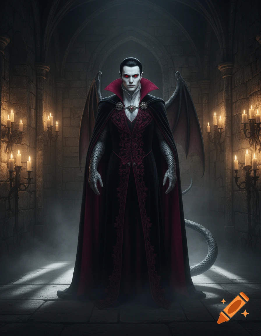 A creature with pale skin, red eyes, bat wings, and a snake-like tail, wearing a gothic black and red cloak, stands in a candlelit stone castle hallway.