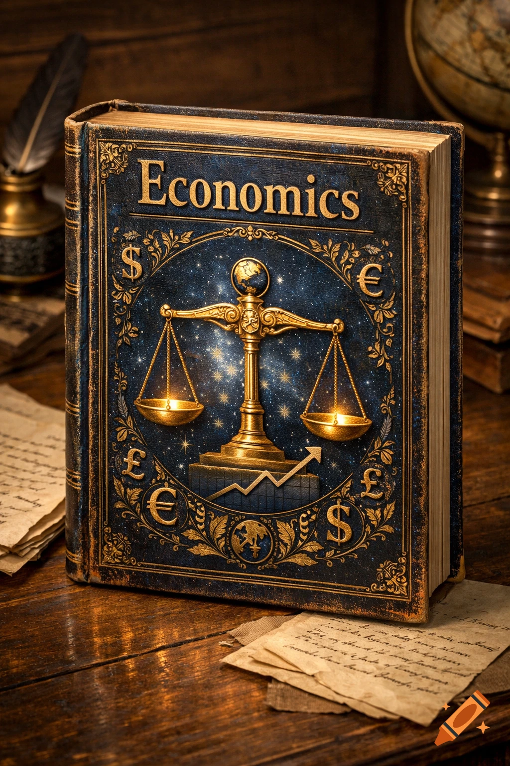 An ornate, antique-style Economics textbook with golden scales and currency symbols on a dark wooden desk, quill and papers nearby.
