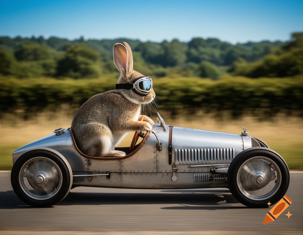 A photorealistic rabbit wearing biker goggles drives a silver vintage race car from a side view on a road with motion blur.