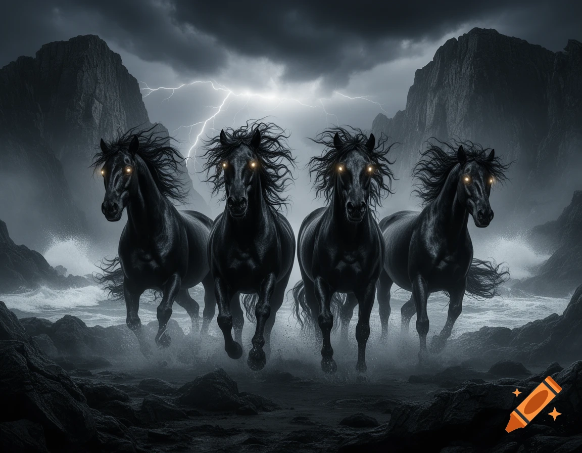 Four terrifying black horses with glowing eyes run through a stormy sea under a lightning-filled sky.