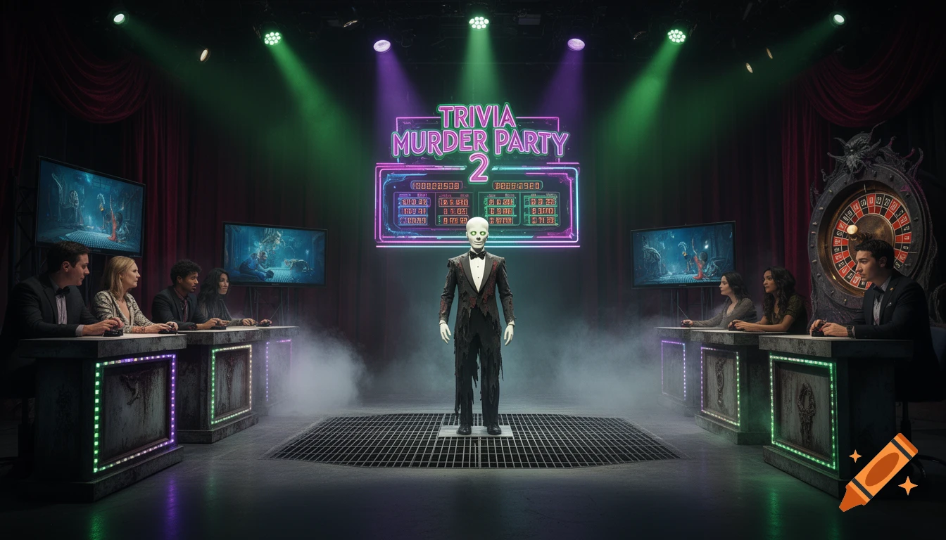 A neon-lit game show set for 'Trivia Murder Party 2' with a skeleton host, contestants, and a roulette wheel, illuminated by green and purple lights.