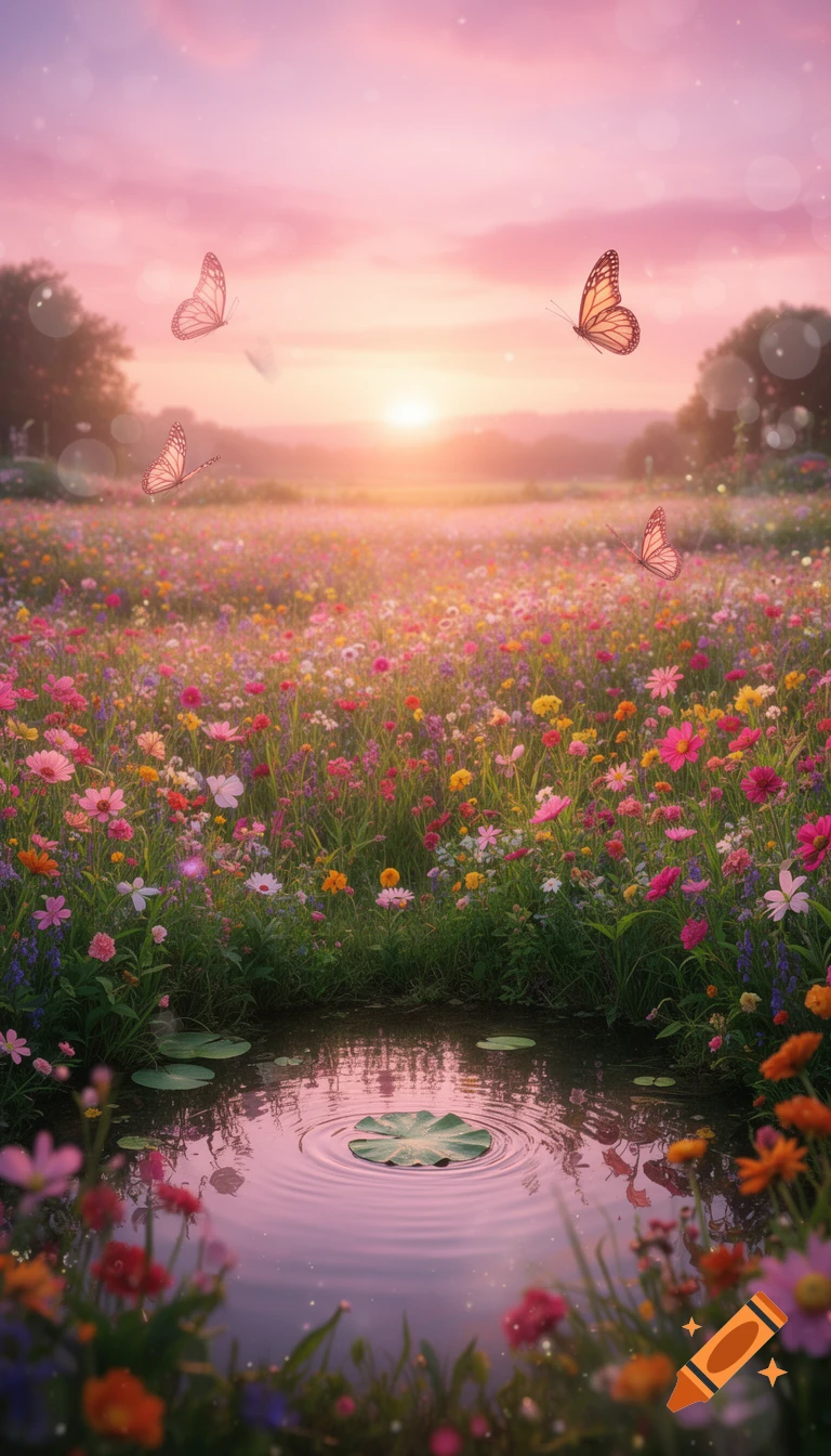 Vibrant meadow filled with colorful wildflowers, butterflies, and a small pond reflecting a pink and orange sunset.