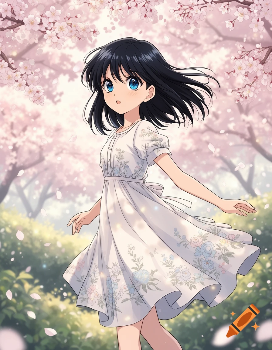An anime girl with dark hair and blue eyes in a white floral dress poses under falling cherry blossoms.