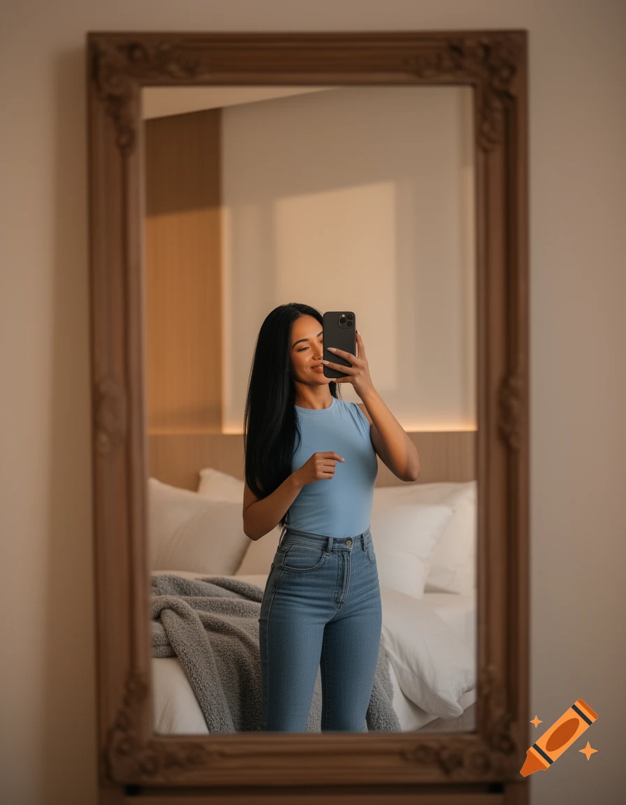 A woman with long dark hair in a blue top and jeans takes a mirror selfie in a room with a bed.