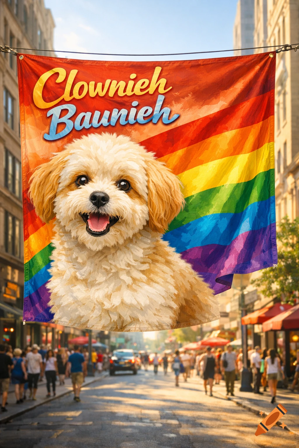 A banner with a fluffy Maltipoo and a rainbow flag design, bearing the text 'Clownieh Baunieh', hangs over a bustling city street.