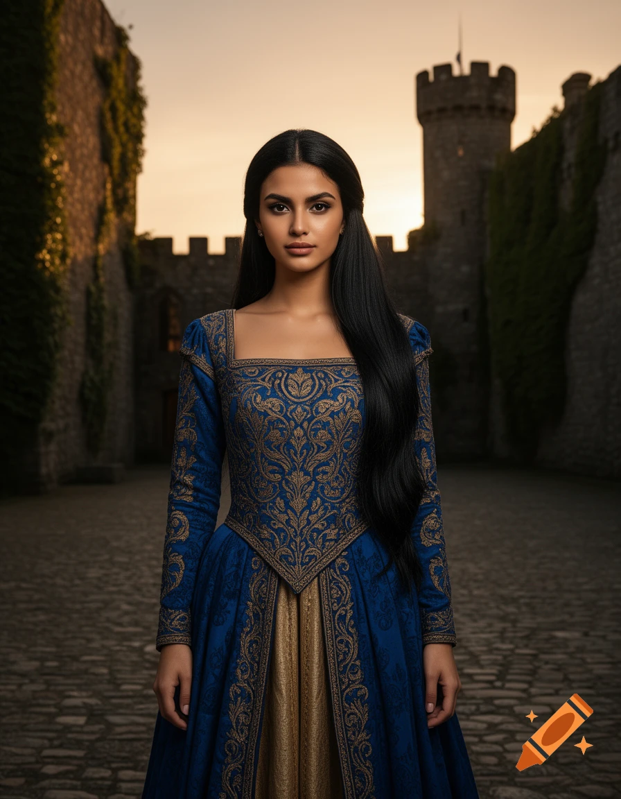 A beautiful medieval woman with long black hair and olive skin stands ...