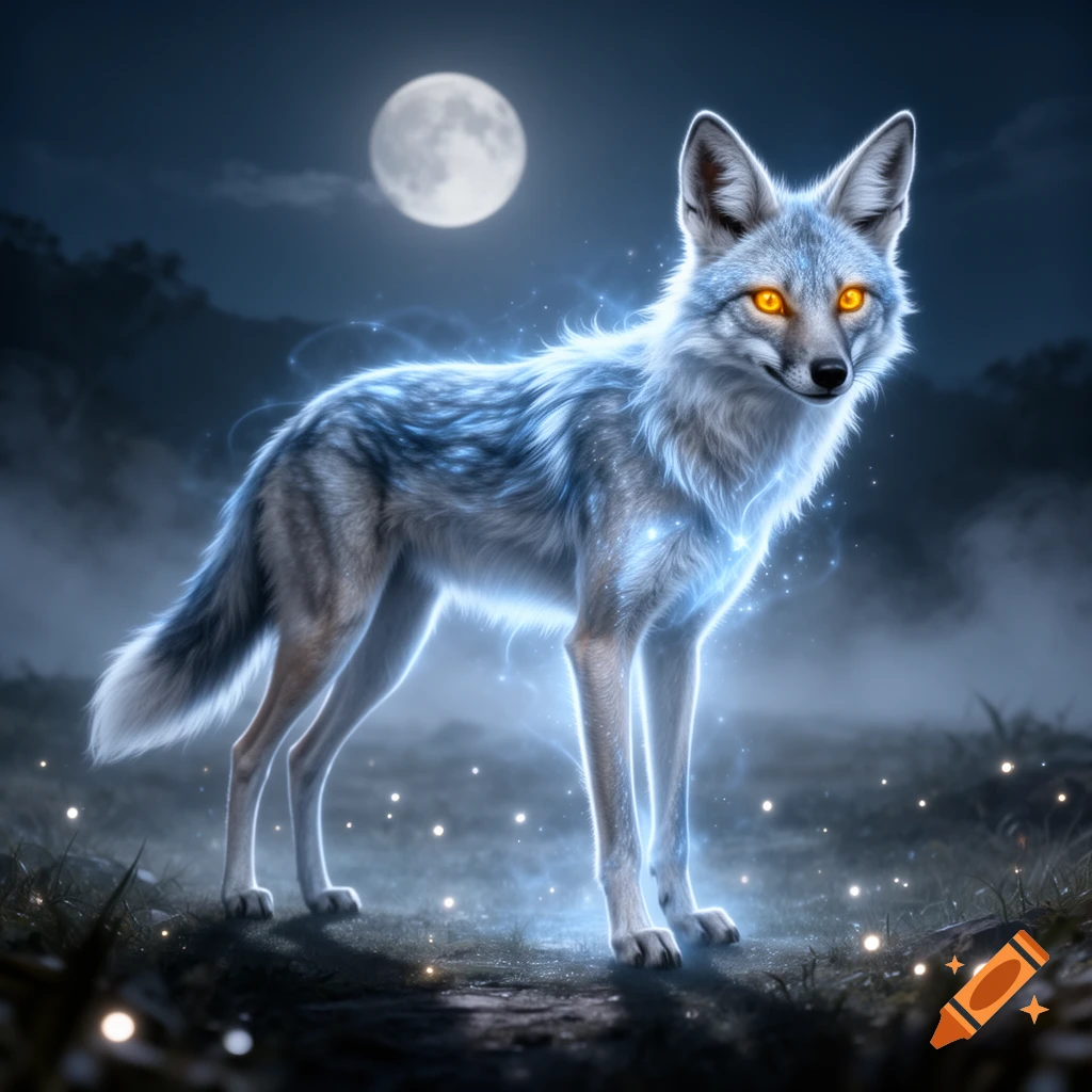 A mystical silver-blue maned wolf with glowing amber eyes stands under a full moon, surrounded by magical light and mist.