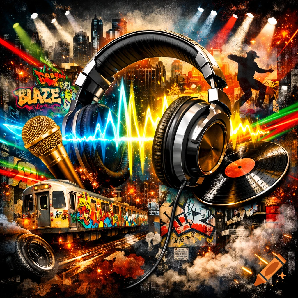 A vibrant urban music collage featuring headphones, a microphone, a vinyl record, a graffiti train, city skyline, and a dancer.