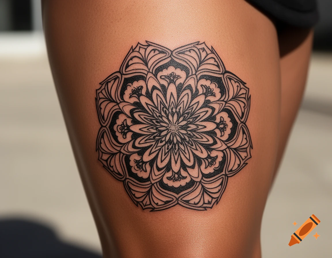 A detailed black mandala tattoo on a person's thigh, rendered in a photorealistic style.
