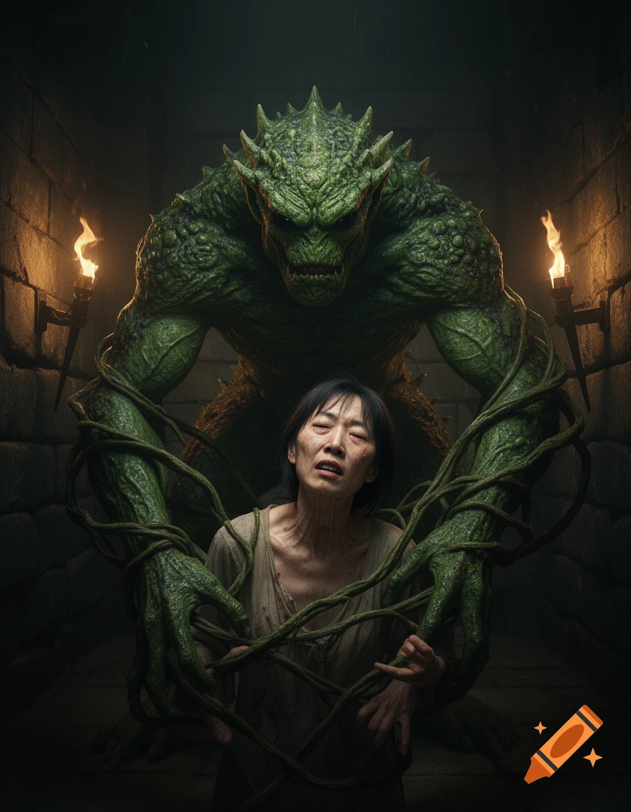 A distressed woman entangled in vines, with a large, menacing green monster looming behind her in a dimly lit dungeon.