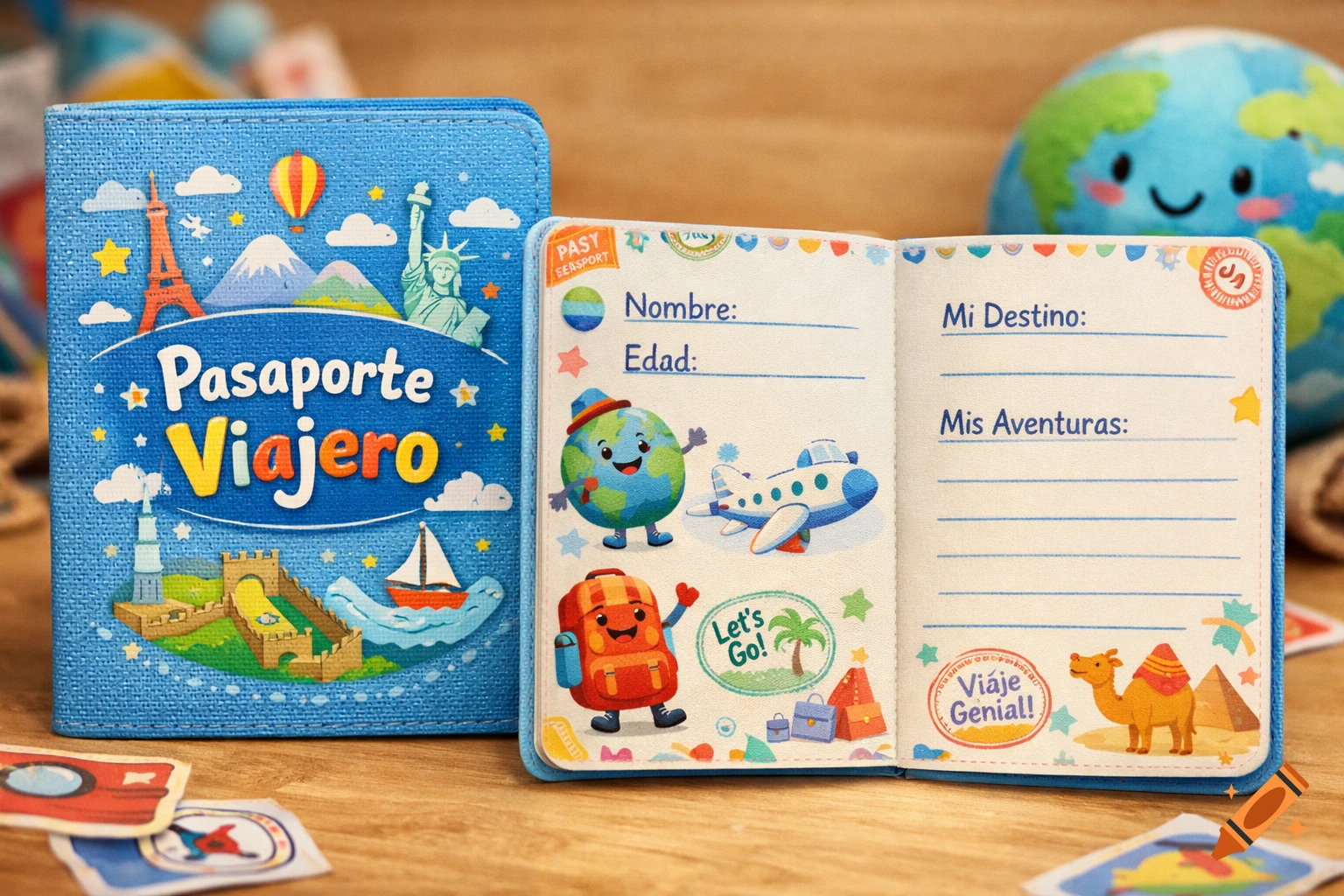 A colorful child's toy passport with "Pasaporte Viajero" on the cover, open to pages with travel illustrations and fill-in-the-blank lines, on a wooden surface.