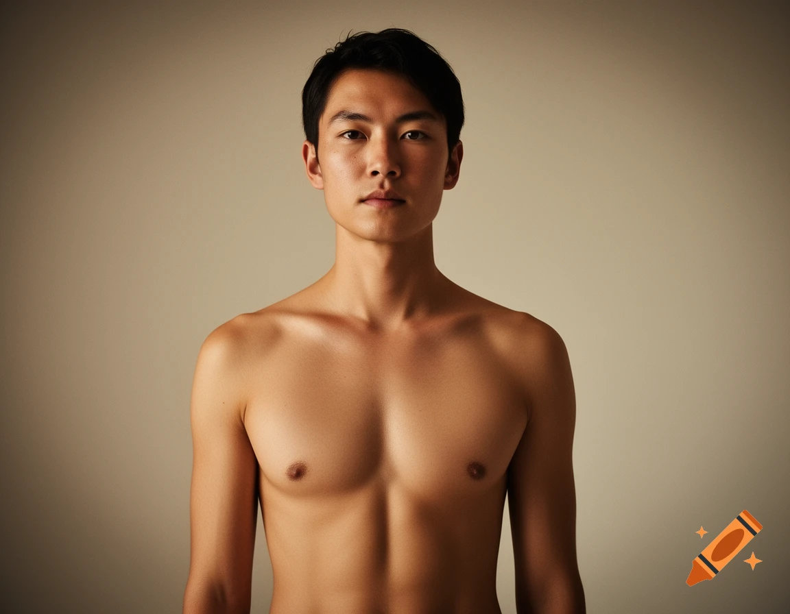 Photorealistic portrait of a shirtless young Asian man with dark hair, looking directly at the viewer.