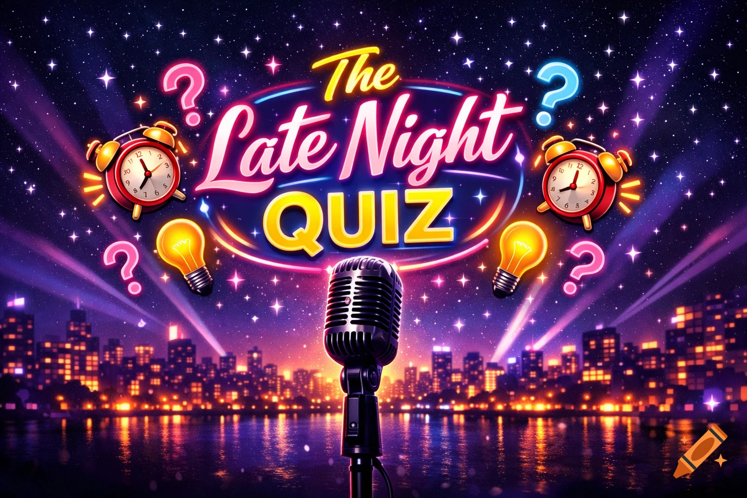 Vibrant "The Late Night QUIZ" banner with glowing text, a microphone, alarm clocks, lightbulbs, and question marks above a city skyline at night.