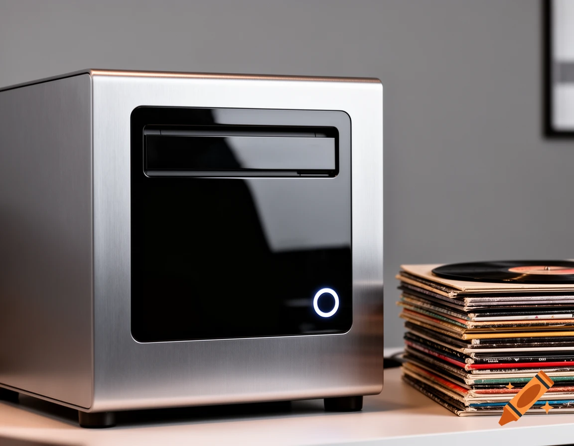 Computer Case Vinyl A brushed metallic computer case with a wide slot for records and an ...