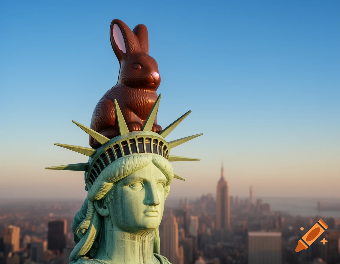 A photorealistic image of a chocolate Easter bunny sitting on top of the Statue of Liberty, with the New York City skyline in the background at sunset.