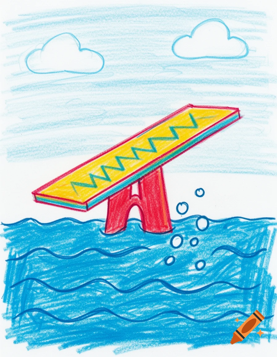 A cartoon crayon drawing of a yellow diving board with a red stand over blue water, with two white clouds in the sky.