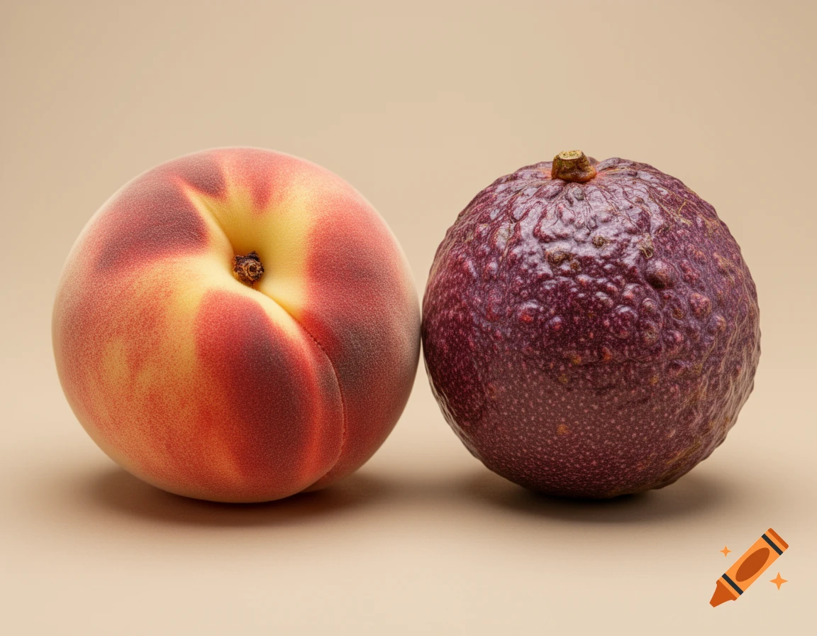 A photorealistic image of a peach next to a purple passion fruit on a beige background.