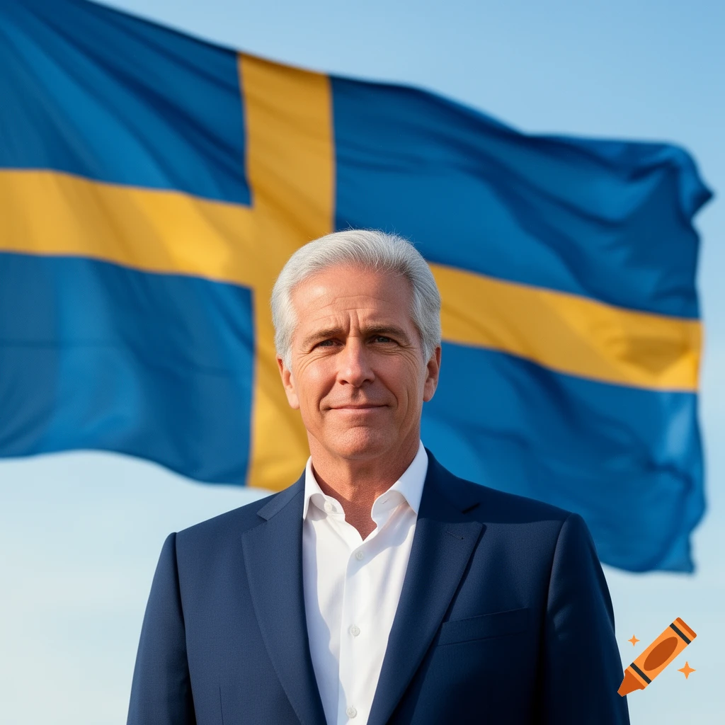 Photorealistic portrait of a middle-aged man with gray hair in a suit, standing in front of a Swedish flag under a clear blue sky.