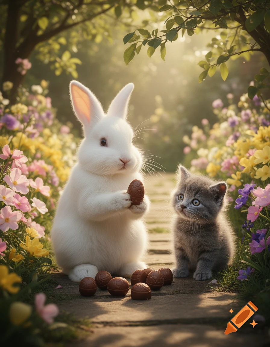 A white rabbit holds a chocolate egg next to a gray kitten on a sunny garden path surrounded by colorful flowers, photorealistic.