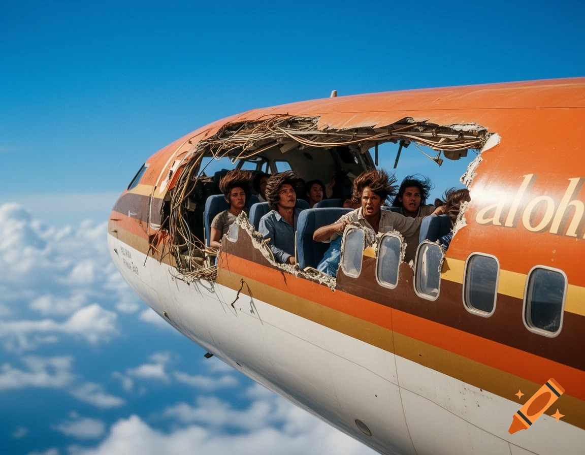 Photorealistic image of an orange and white airplane with a large section of its roof missing mid-flight, showing distressed passengers with windblown hair.