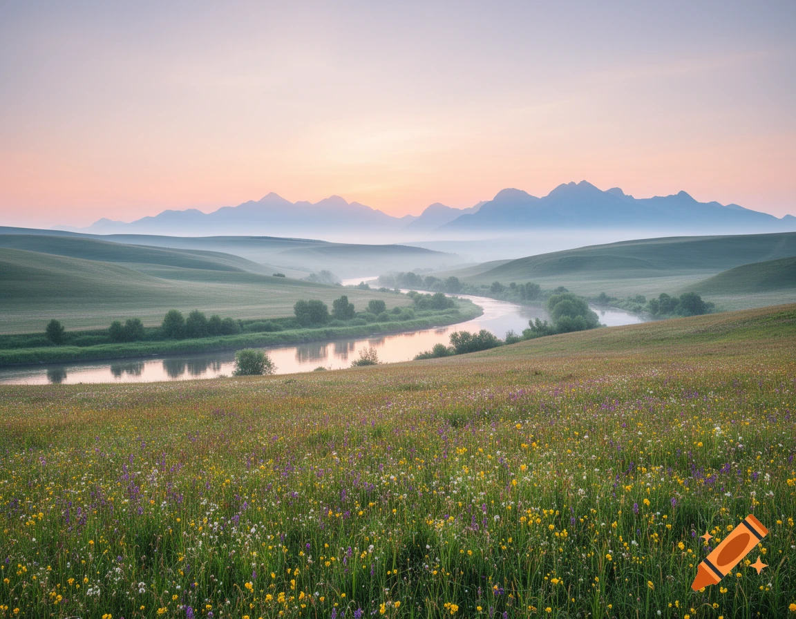 A serene landscape at dawn or dusk, with a winding river through green, rolling hills and a wildflower meadow. Misty mountains under a soft, colorful sky.