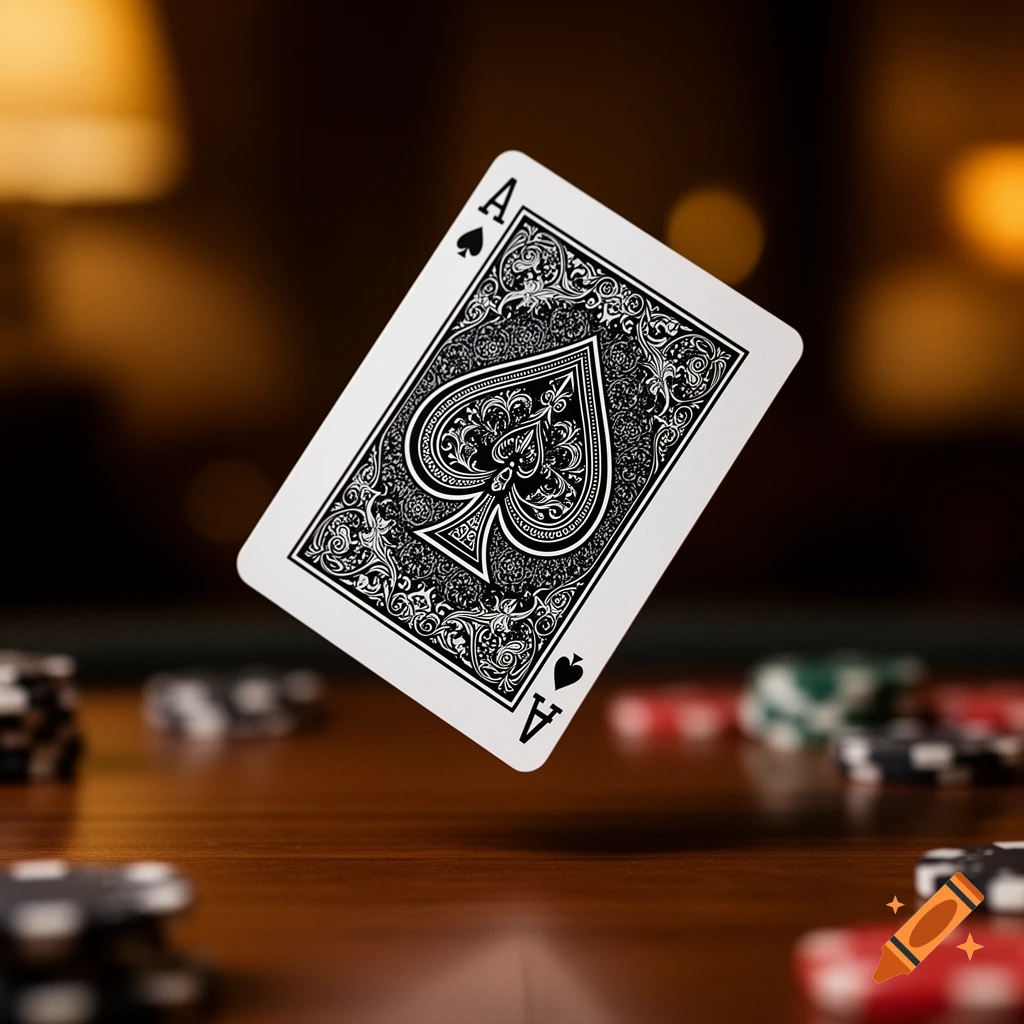 Photorealistic image of an ace of spades playing card floating above a wooden table with poker chips.