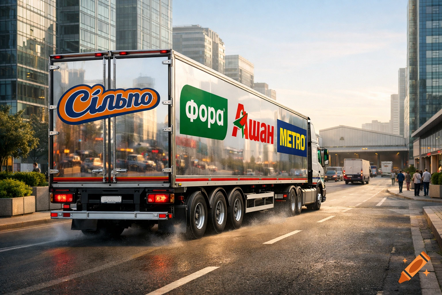 A large truck with " Сільпо", "Фора", "Ашан", "METRO" logos drives on a wet city street at sunset, splashing water.