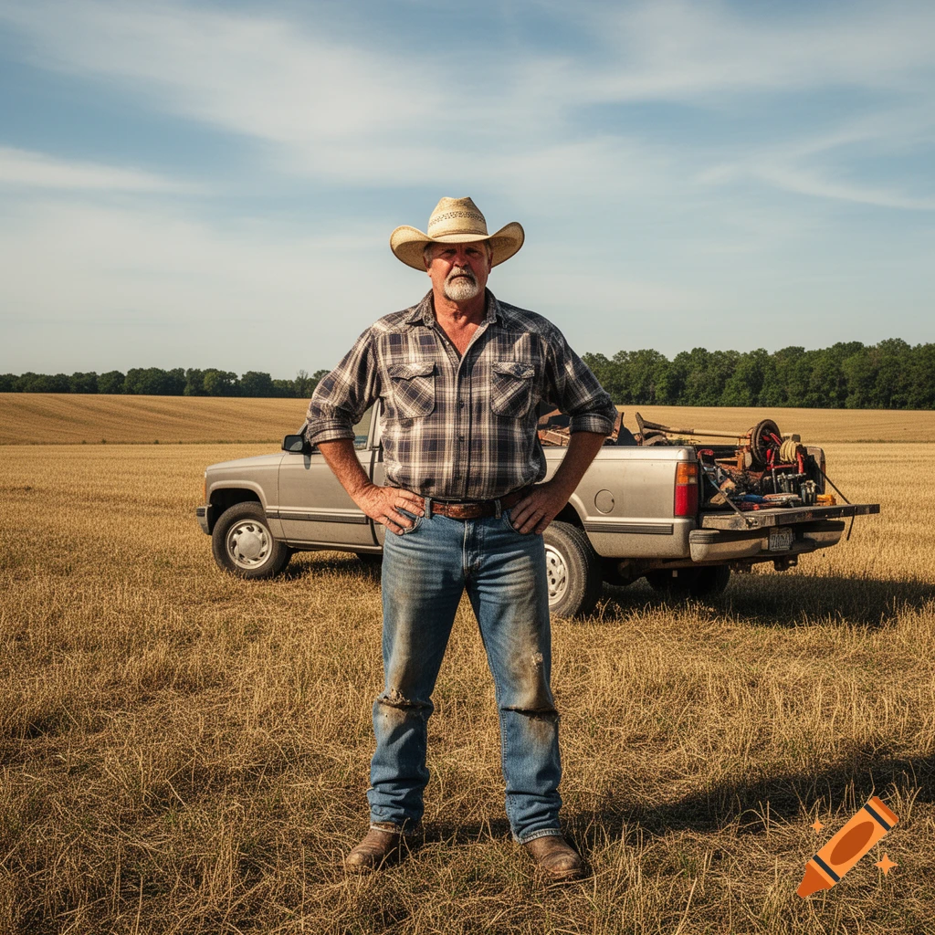 A confident farmer in a cowboy hat and plaid shirt stands in a golden field with a pickup truck behind him.