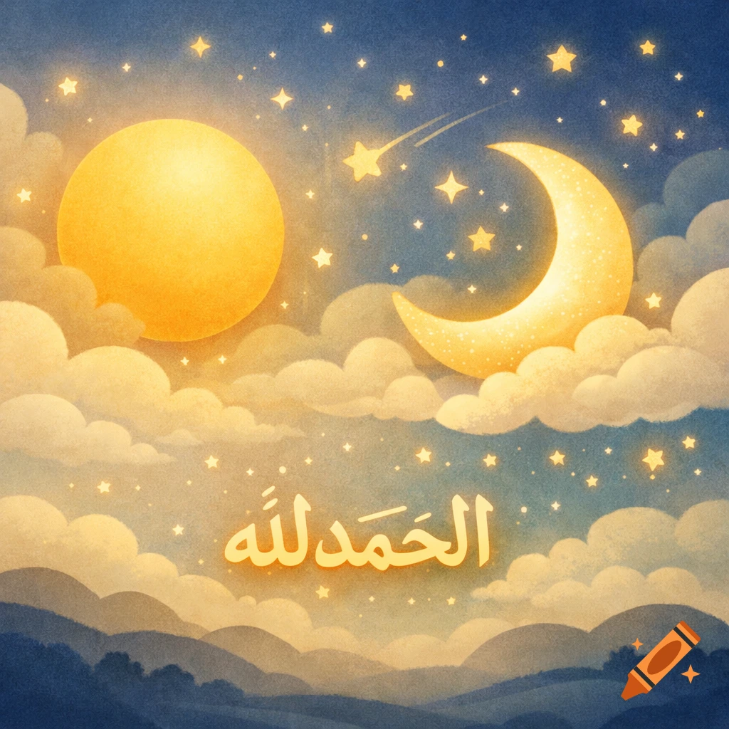 Whimsical illustration of a night sky with a full moon, crescent moon, stars, clouds, and Arabic text 'Alhamdulillah'.