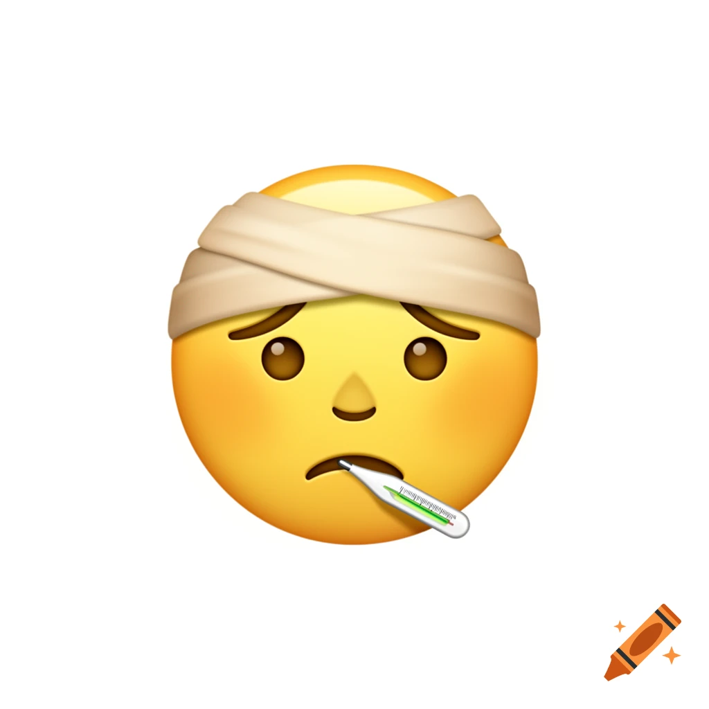 A sick yellow emoji face with a white bandage wrapped around its head and a thermometer in its mouth, in Apple emoji style.