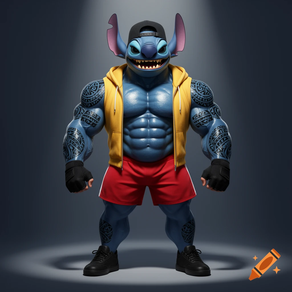 A heavily muscled, blue Stitch with Polynesian tattoos, wearing a yellow open hoodie, red shorts, black cap, and gloves.