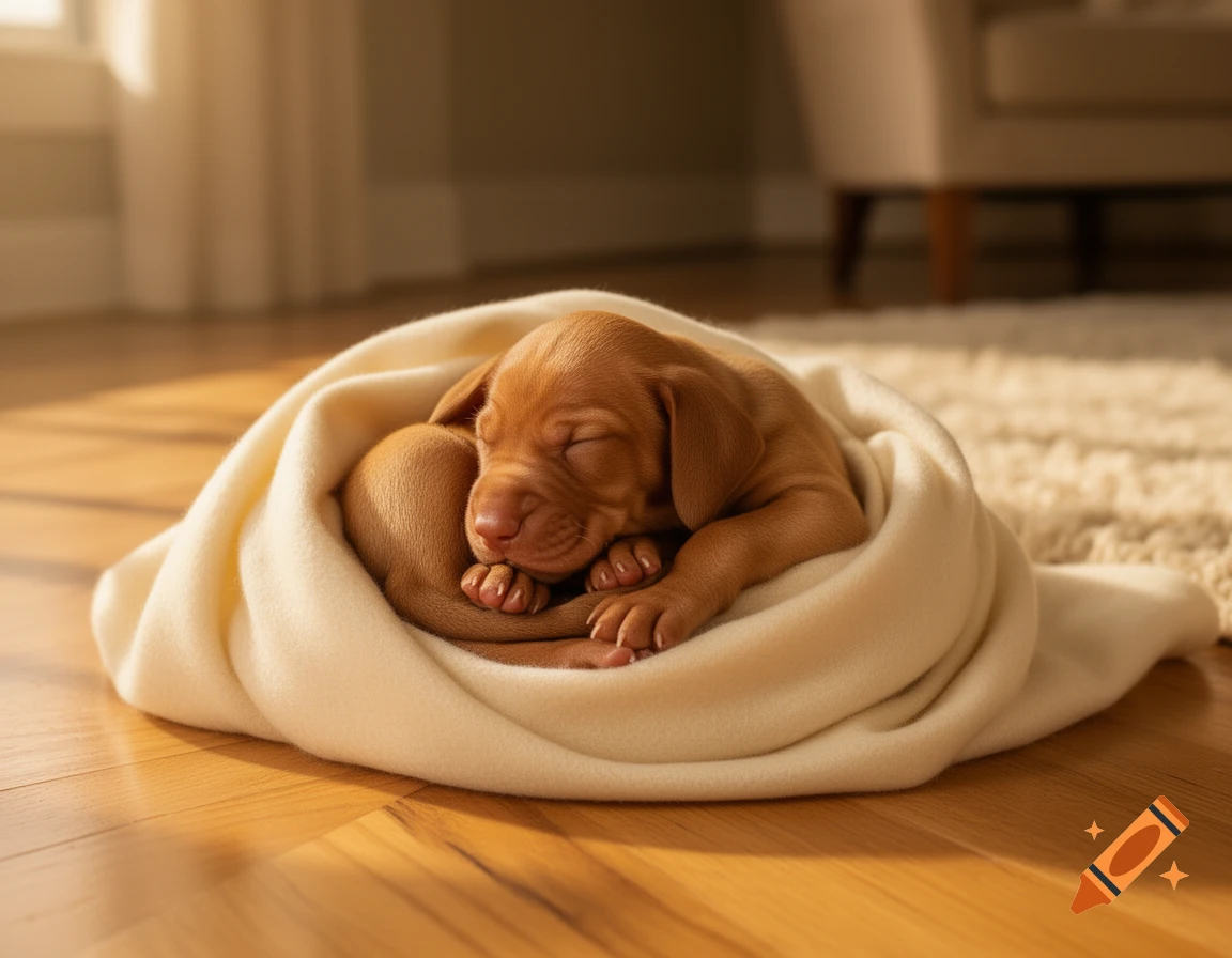 A sleeping Vizsla puppy curled up in a cream blanket on a wooden floor, illuminated by soft sunlight. Photorealistic.