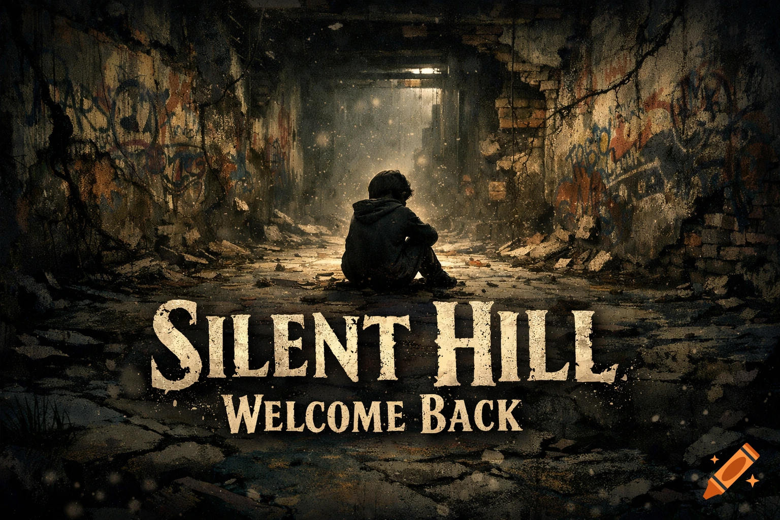 A child-like figure sits alone in a dark, ruined tunnel with graffiti, featuring the text 'SILENT HILL WELCOME BACK'.