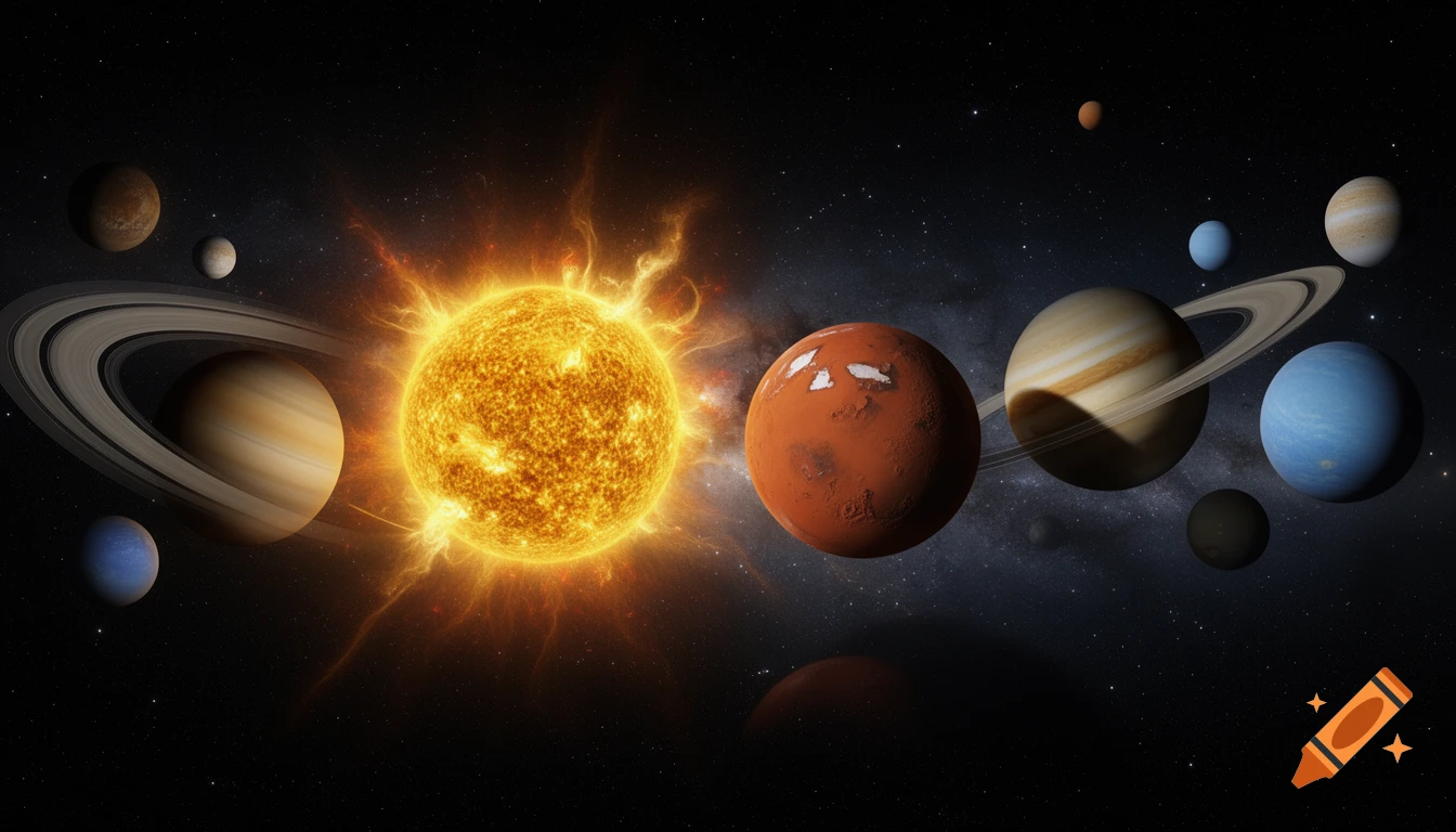 A realistic depiction of the sun, Mars, and several other planets, including ringed and blue gas giants, against a starry backdrop of deep space.