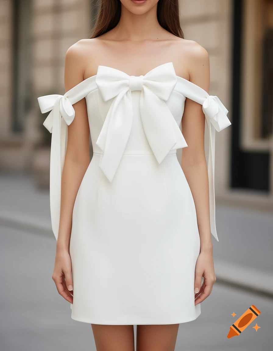 A woman in a stylish white off-shoulder mini dress with a large bow on the chest and smaller bows on the shoulders, standing outdoors.