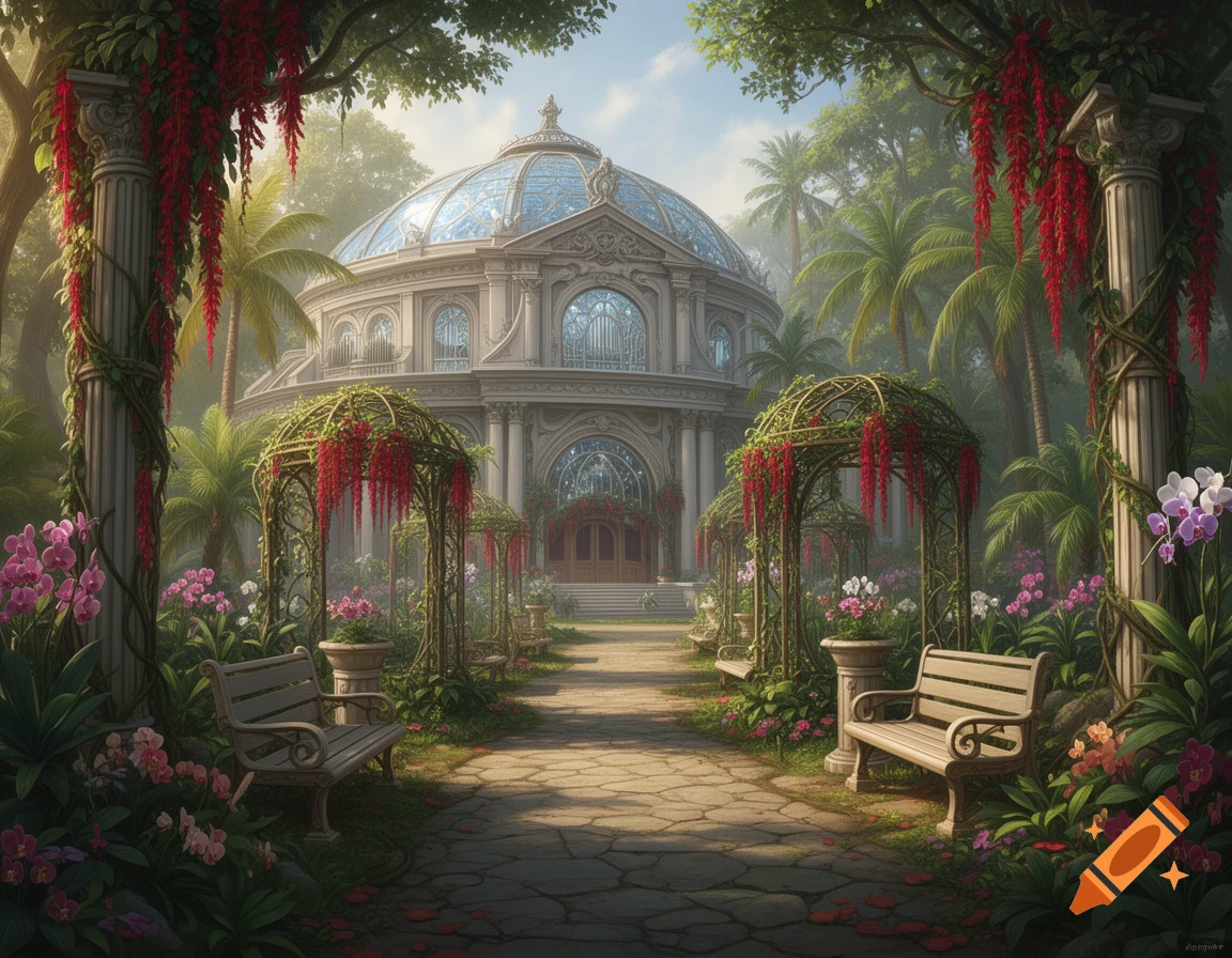 A grand conservatory with a glass dome is surrounded by a lush tropical fantasy garden with red hanging flowers, orchids, benches, and stone columns.