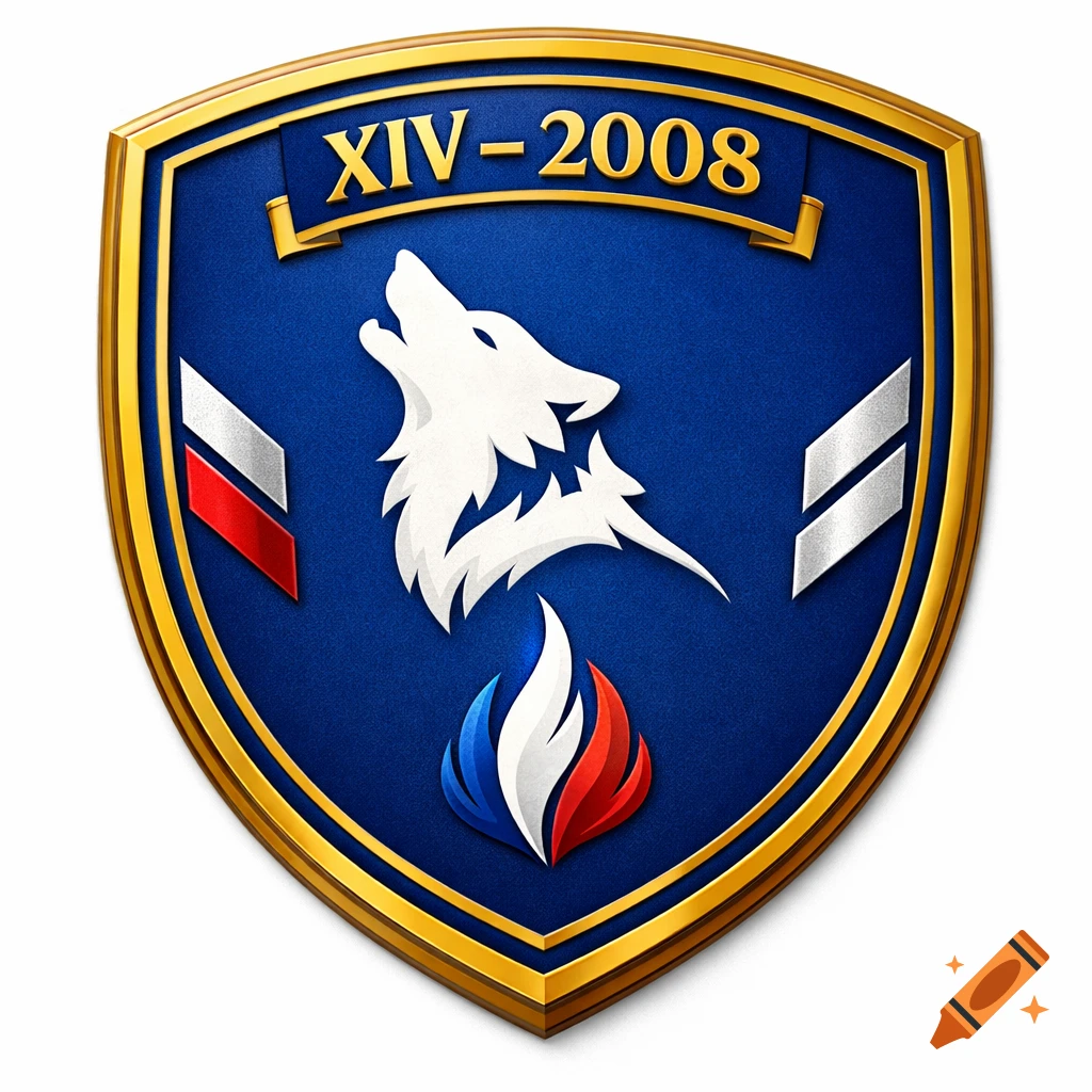 A stylized blue shield with a gold border, featuring a white howling wolf, the text 'XIV-2008', and a tricolor flame.