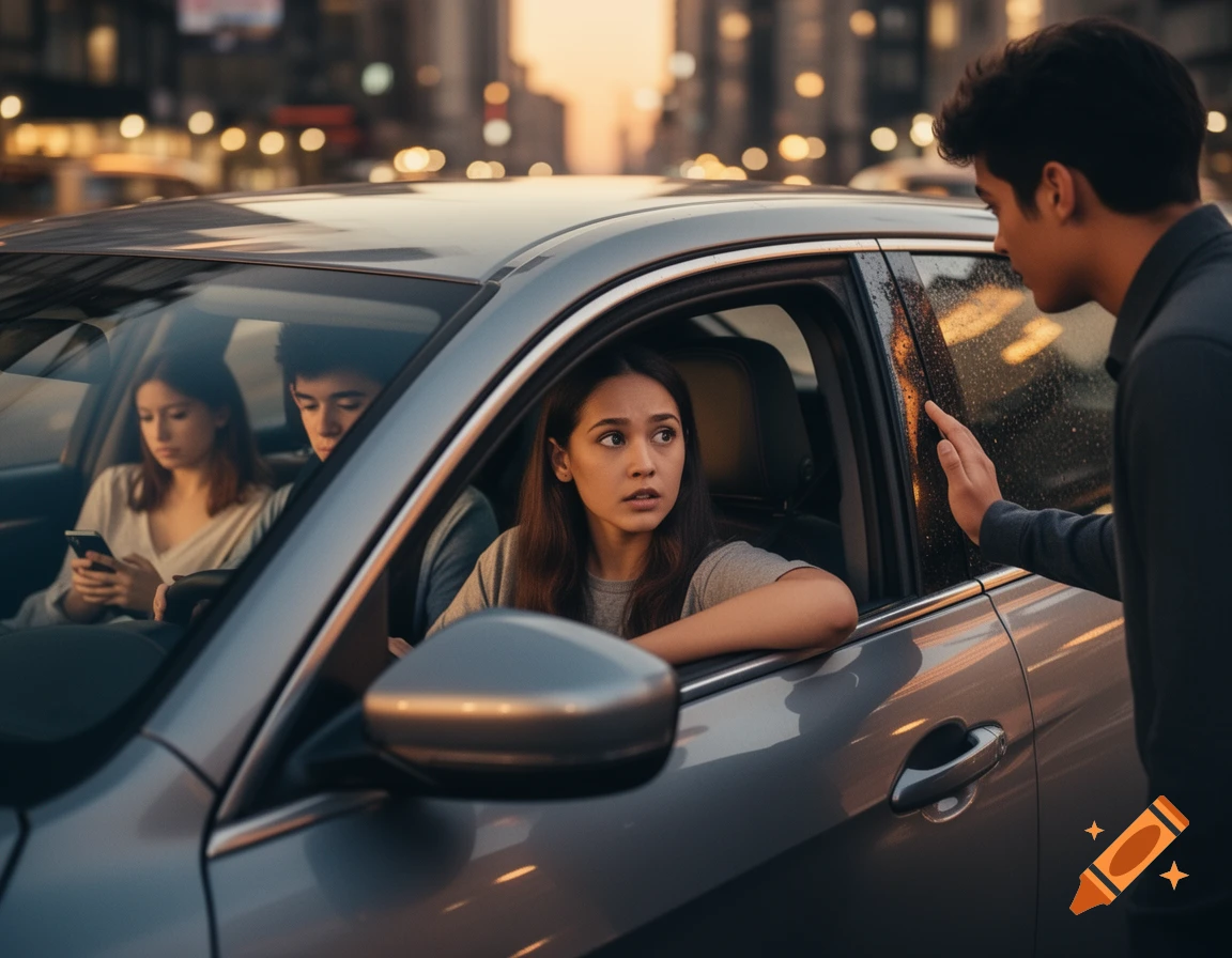 A woman in the driver's seat of a car looks worriedly at a man leaning into her window, while two people are in the back seat.
