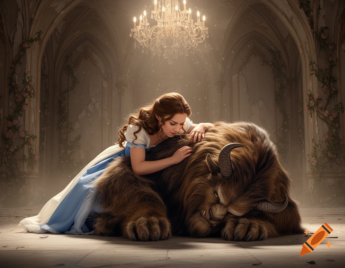 Belle gently embraces the sleeping Beast in a grand, arched castle hall with a sparkling chandelier. Photorealistic style.