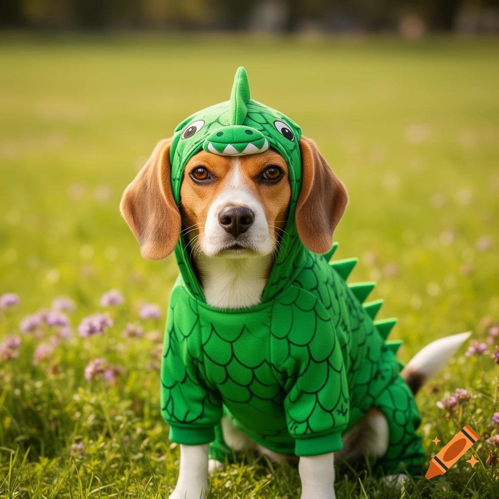 A cute beagle wearing a green dinosaur costume sits in a grassy field with small purple flowers, looking at the camera.