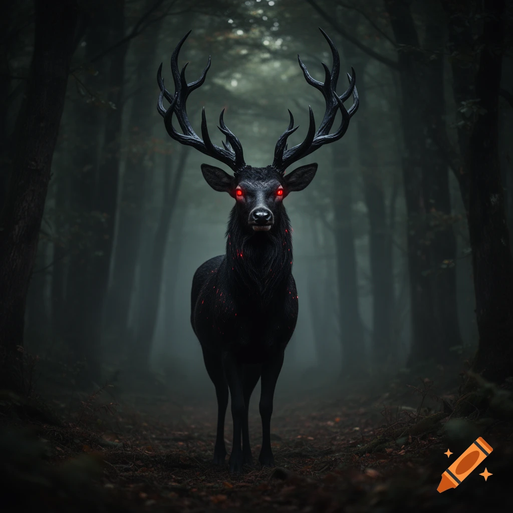 A photorealistic dark fantasy image of a black deer with large antlers and glowing red eyes, standing in a misty, dark forest.