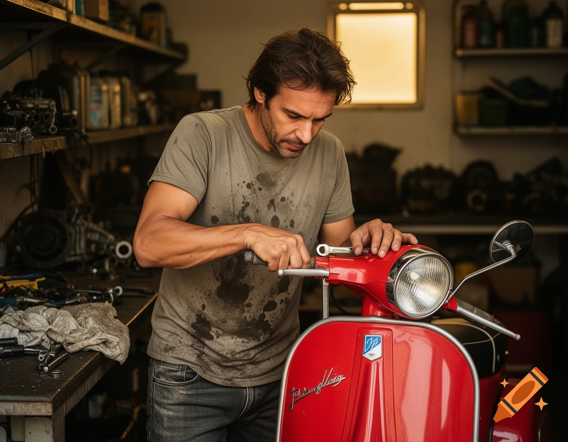 A man in a dirty t-shirt works on a red vintage scooter's handlebars with a wrench in a dimly lit garage.