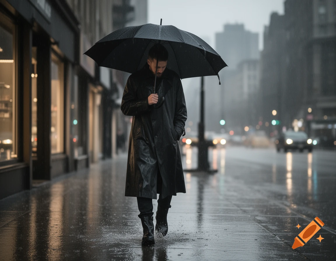 A man in a black trench coat walks down a wet city street, holding a black umbrella in the rain.